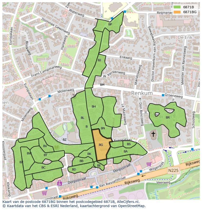 Afbeelding van het postcodegebied 6871 BG op de kaart.