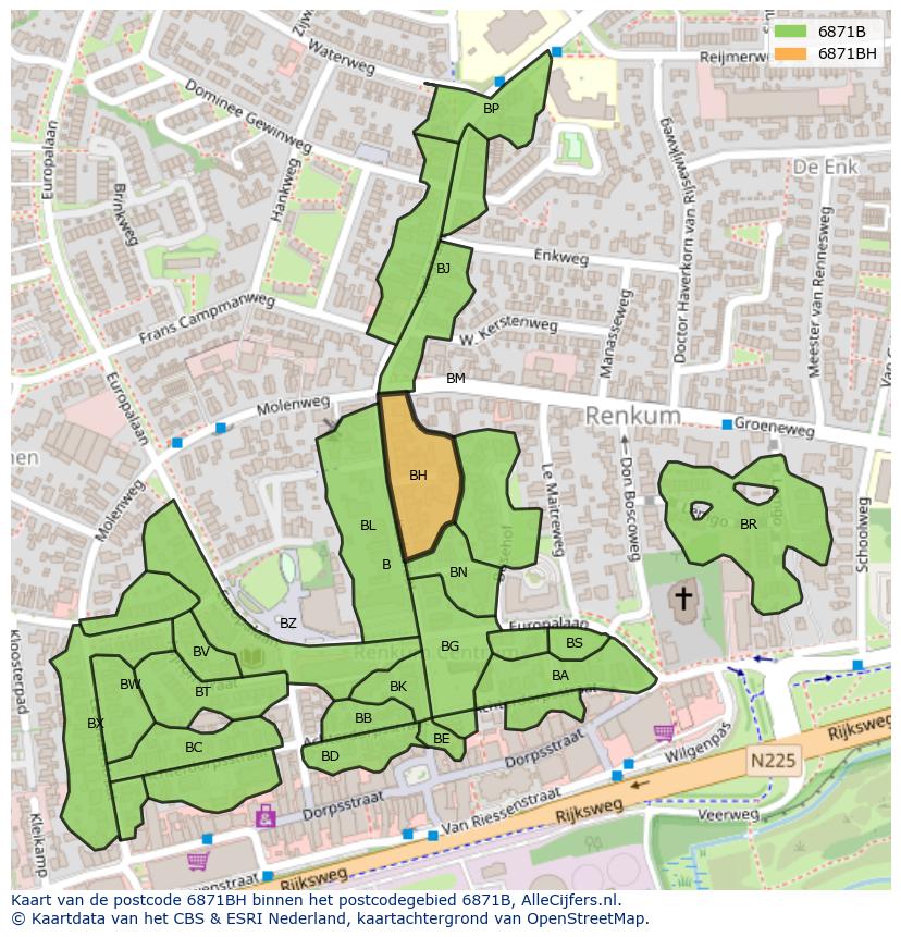 Afbeelding van het postcodegebied 6871 BH op de kaart.