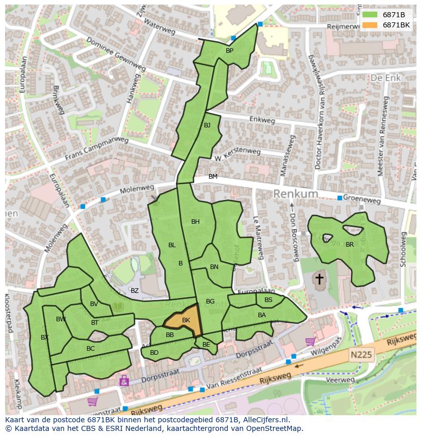 Afbeelding van het postcodegebied 6871 BK op de kaart.
