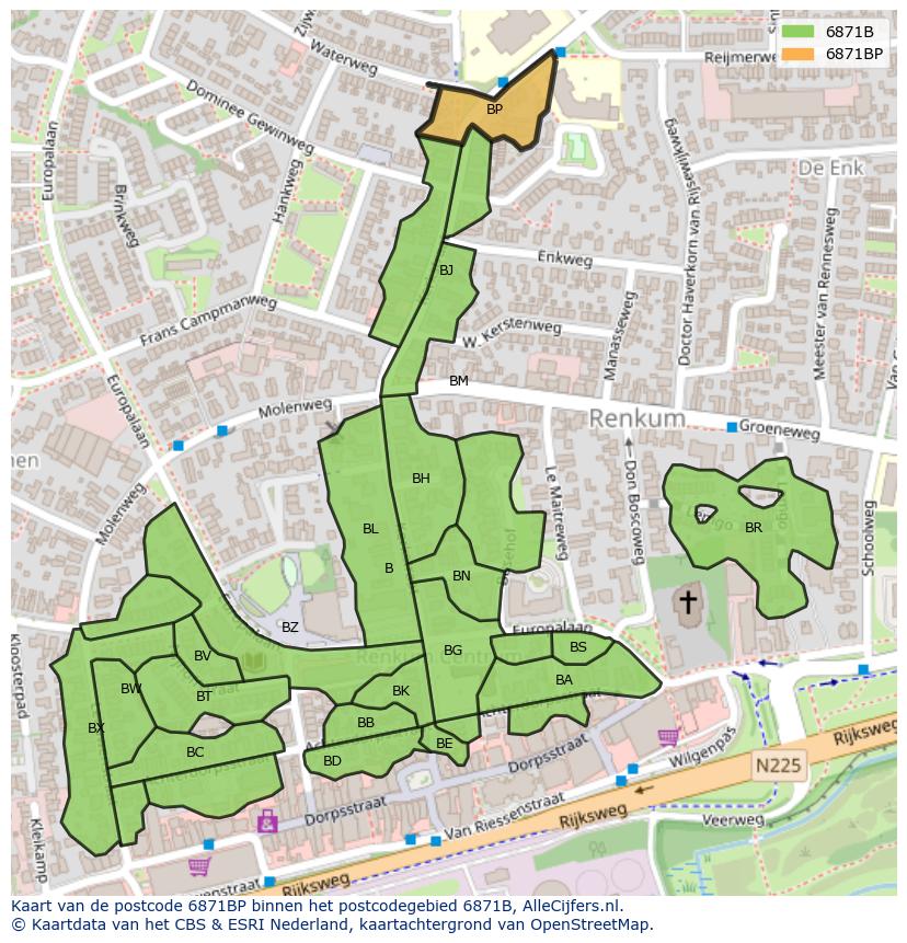 Afbeelding van het postcodegebied 6871 BP op de kaart.