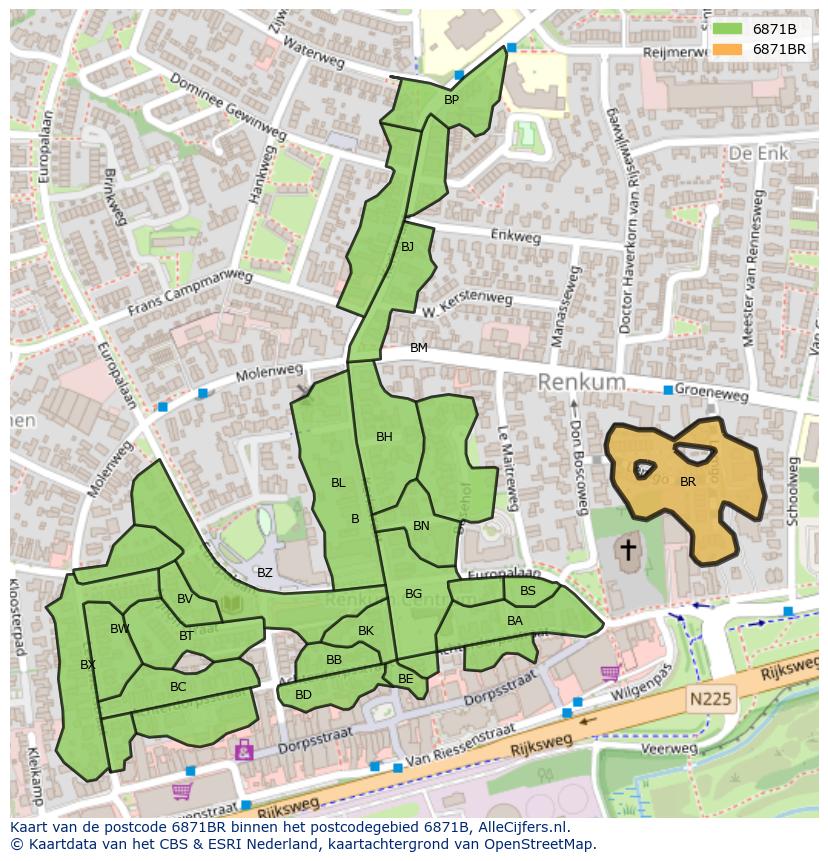 Afbeelding van het postcodegebied 6871 BR op de kaart.