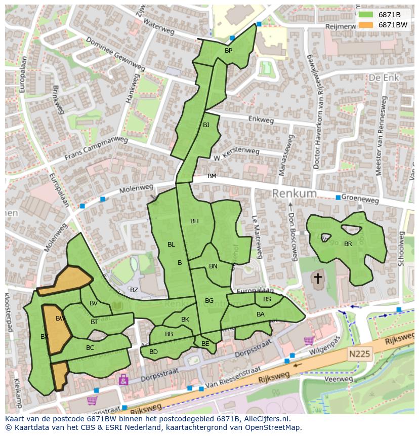 Afbeelding van het postcodegebied 6871 BW op de kaart.