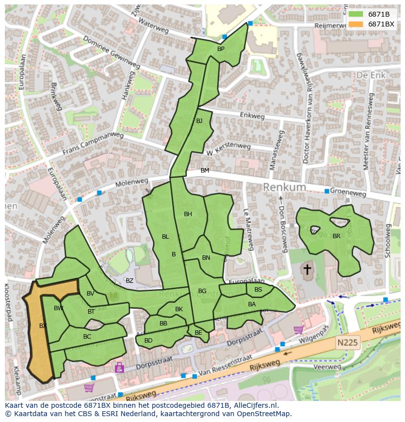 Afbeelding van het postcodegebied 6871 BX op de kaart.