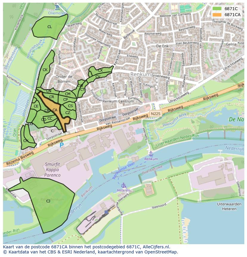 Afbeelding van het postcodegebied 6871 CA op de kaart.