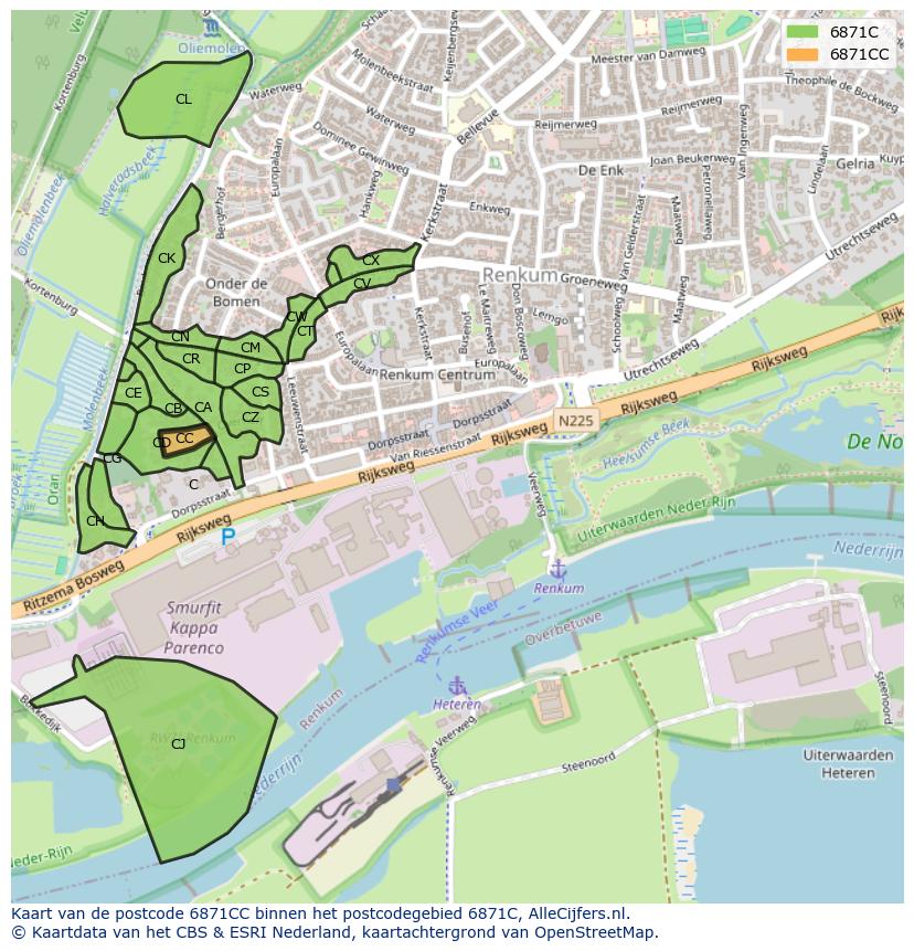 Afbeelding van het postcodegebied 6871 CC op de kaart.
