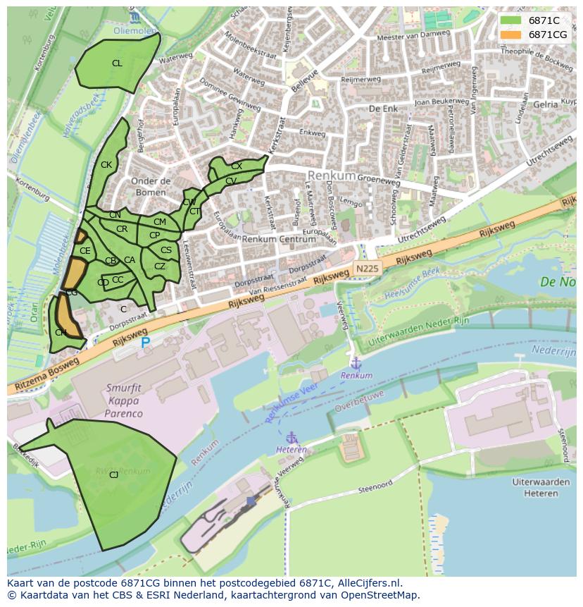 Afbeelding van het postcodegebied 6871 CG op de kaart.