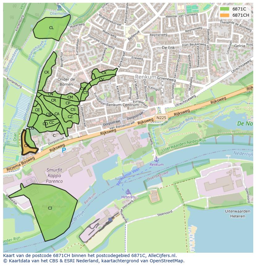 Afbeelding van het postcodegebied 6871 CH op de kaart.