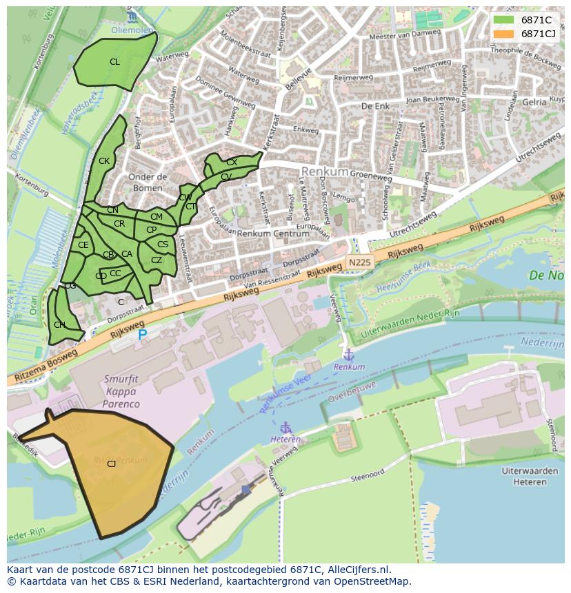 Afbeelding van het postcodegebied 6871 CJ op de kaart.