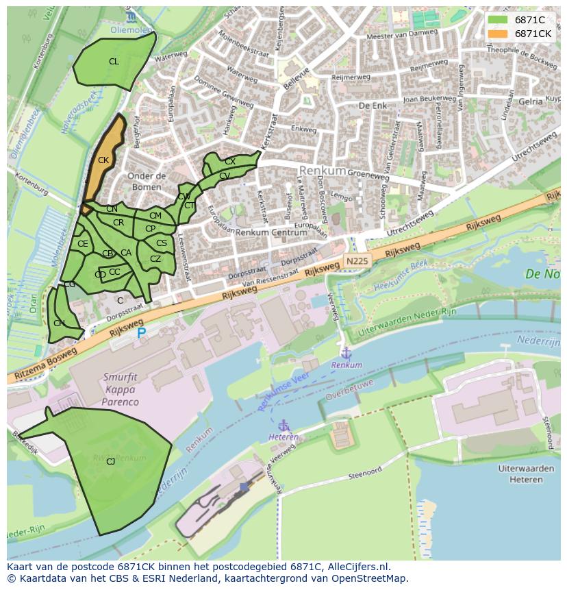 Afbeelding van het postcodegebied 6871 CK op de kaart.