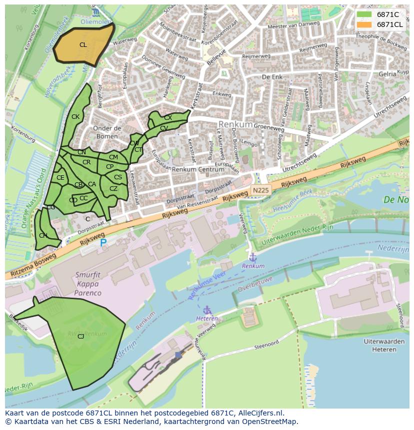 Afbeelding van het postcodegebied 6871 CL op de kaart.
