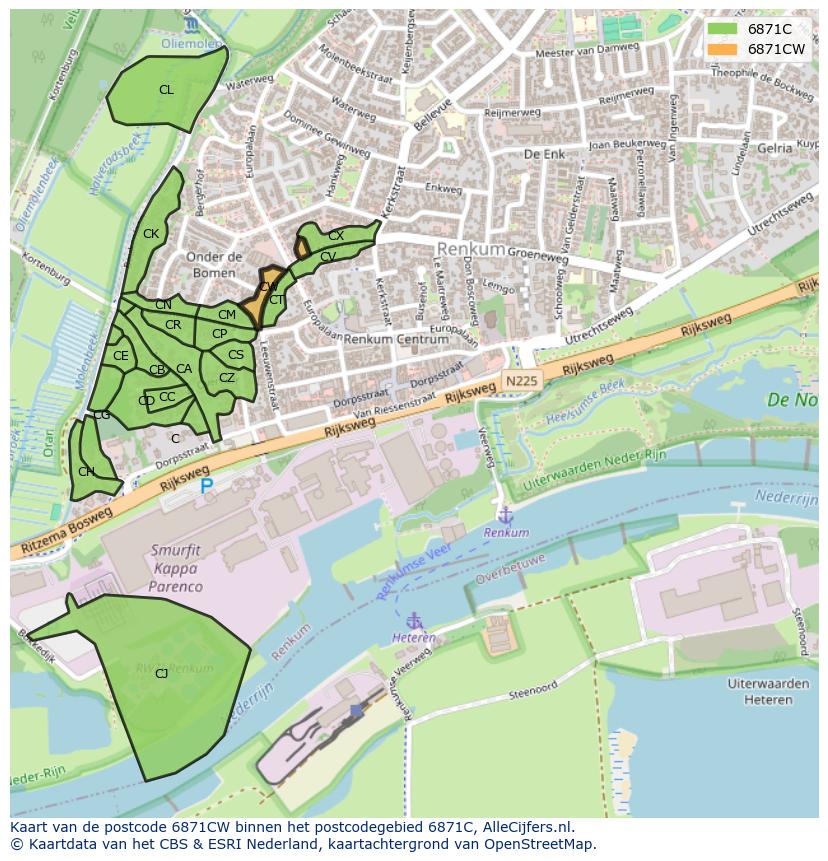 Afbeelding van het postcodegebied 6871 CW op de kaart.