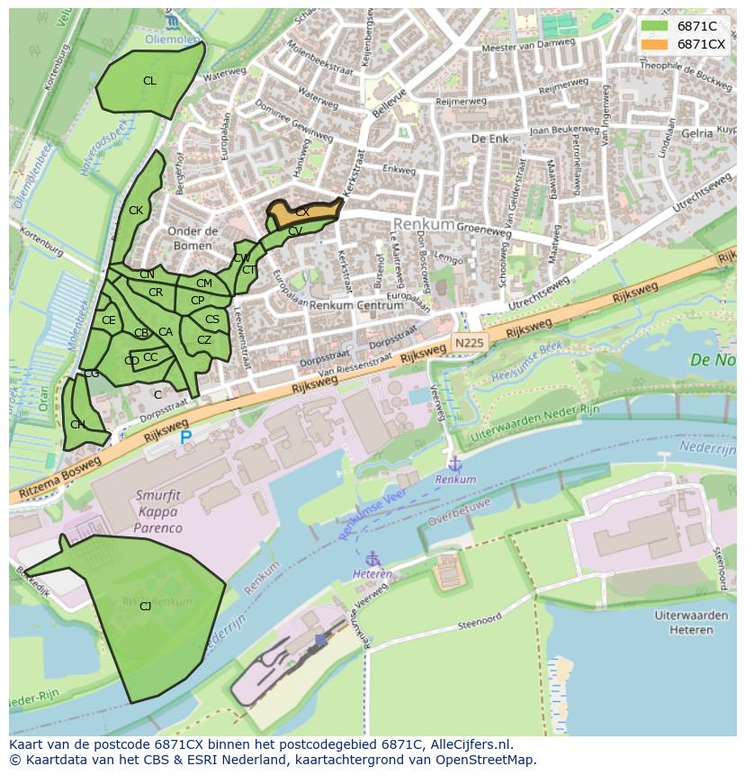 Afbeelding van het postcodegebied 6871 CX op de kaart.