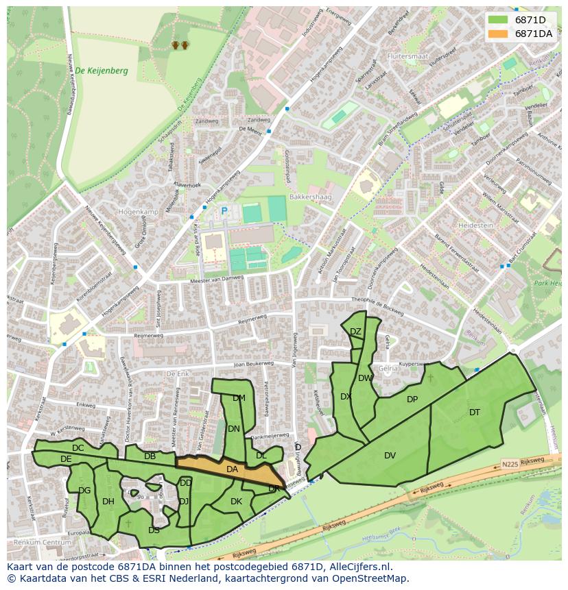 Afbeelding van het postcodegebied 6871 DA op de kaart.