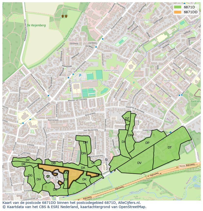Afbeelding van het postcodegebied 6871 DD op de kaart.