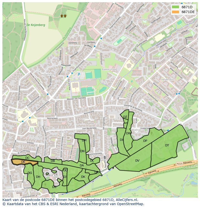 Afbeelding van het postcodegebied 6871 DE op de kaart.