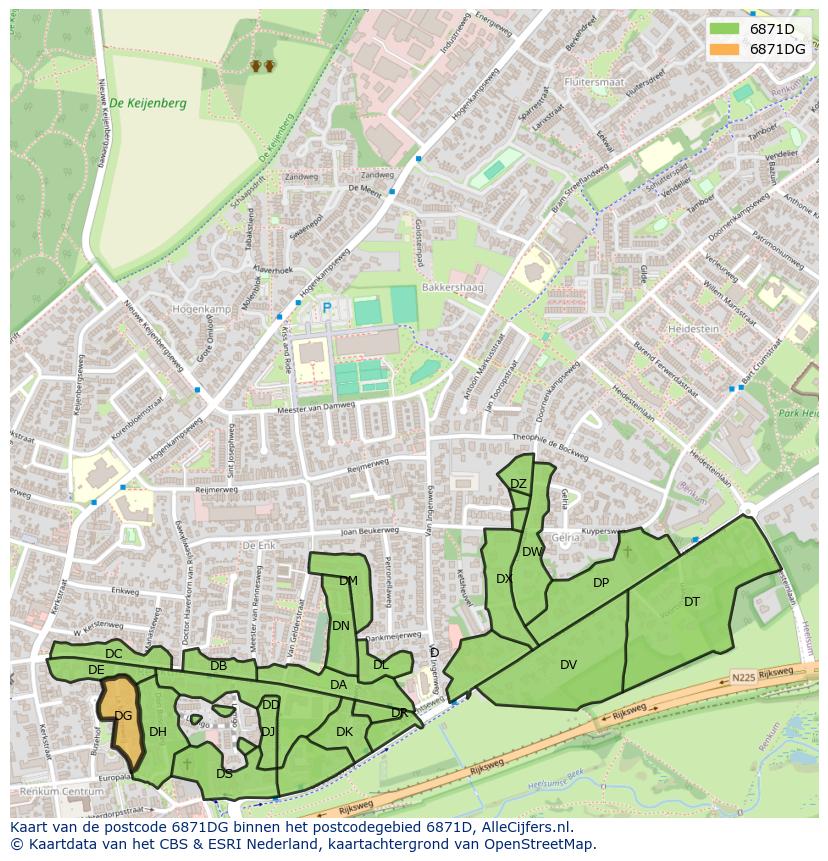 Afbeelding van het postcodegebied 6871 DG op de kaart.