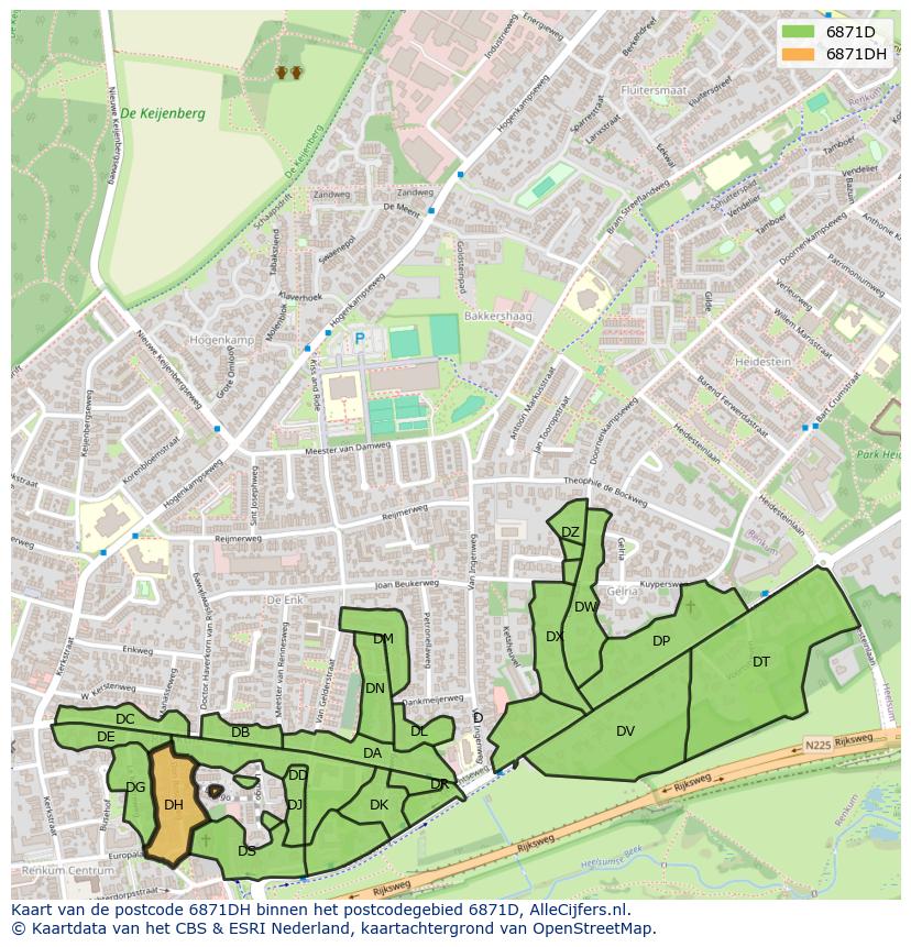 Afbeelding van het postcodegebied 6871 DH op de kaart.
