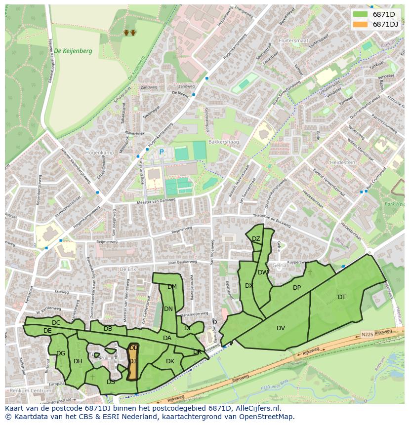 Afbeelding van het postcodegebied 6871 DJ op de kaart.
