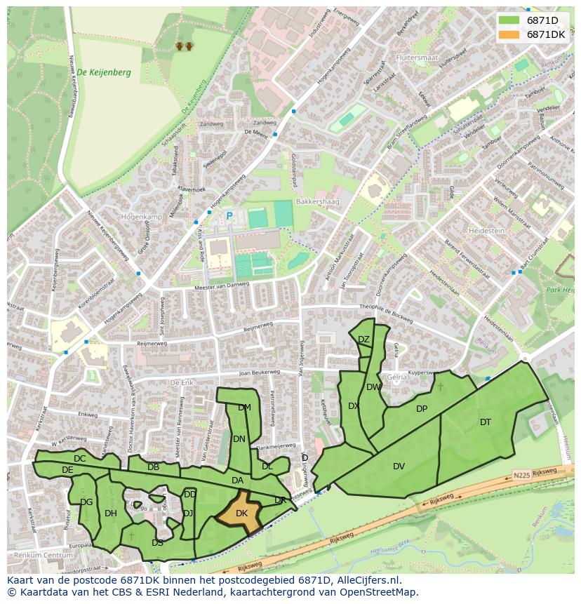 Afbeelding van het postcodegebied 6871 DK op de kaart.