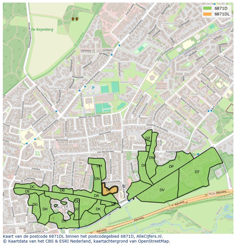 Afbeelding van het postcodegebied 6871 DL op de kaart.