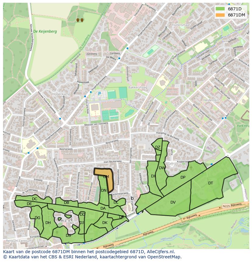 Afbeelding van het postcodegebied 6871 DM op de kaart.