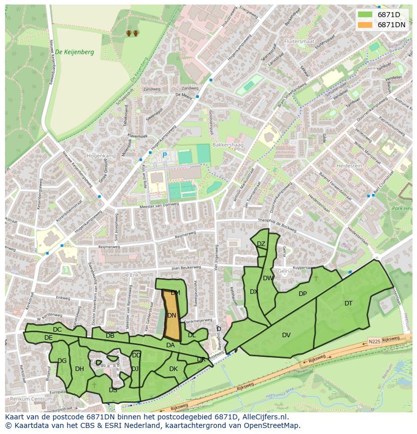 Afbeelding van het postcodegebied 6871 DN op de kaart.