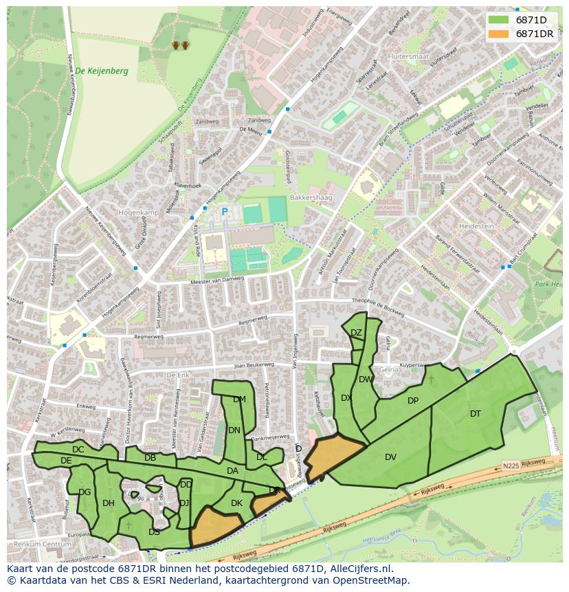 Afbeelding van het postcodegebied 6871 DR op de kaart.