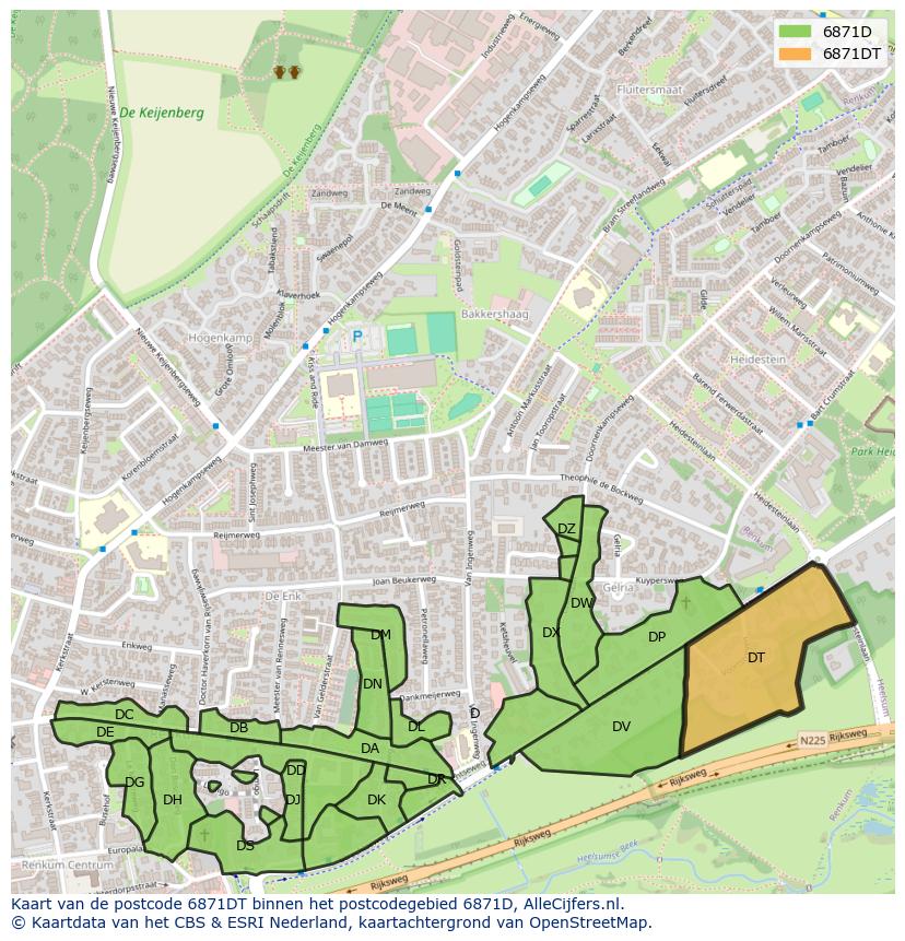 Afbeelding van het postcodegebied 6871 DT op de kaart.