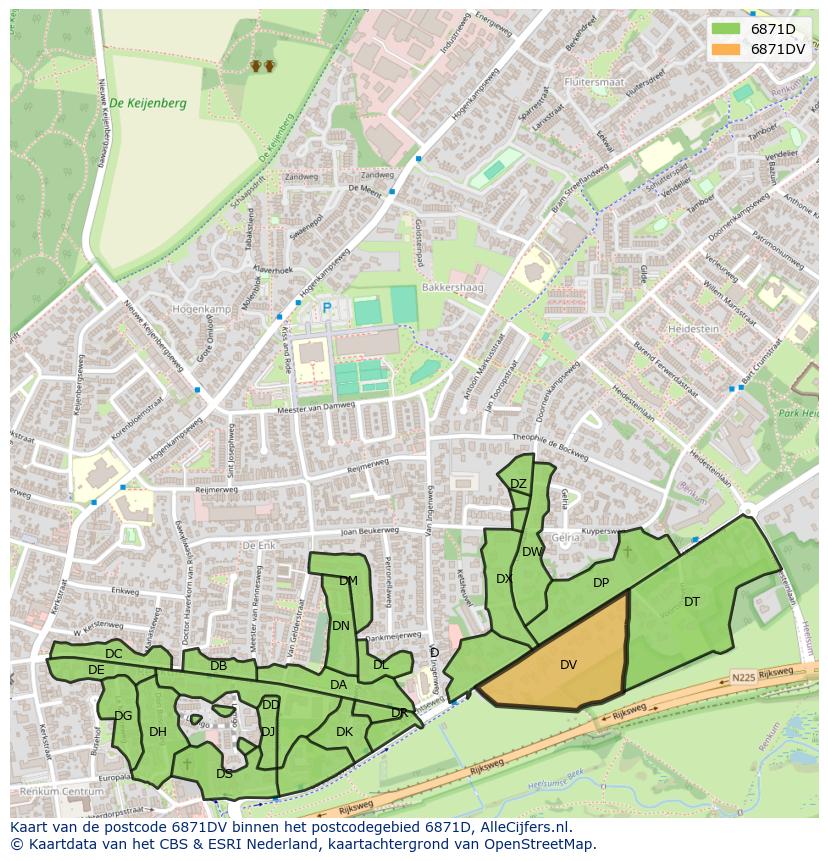 Afbeelding van het postcodegebied 6871 DV op de kaart.