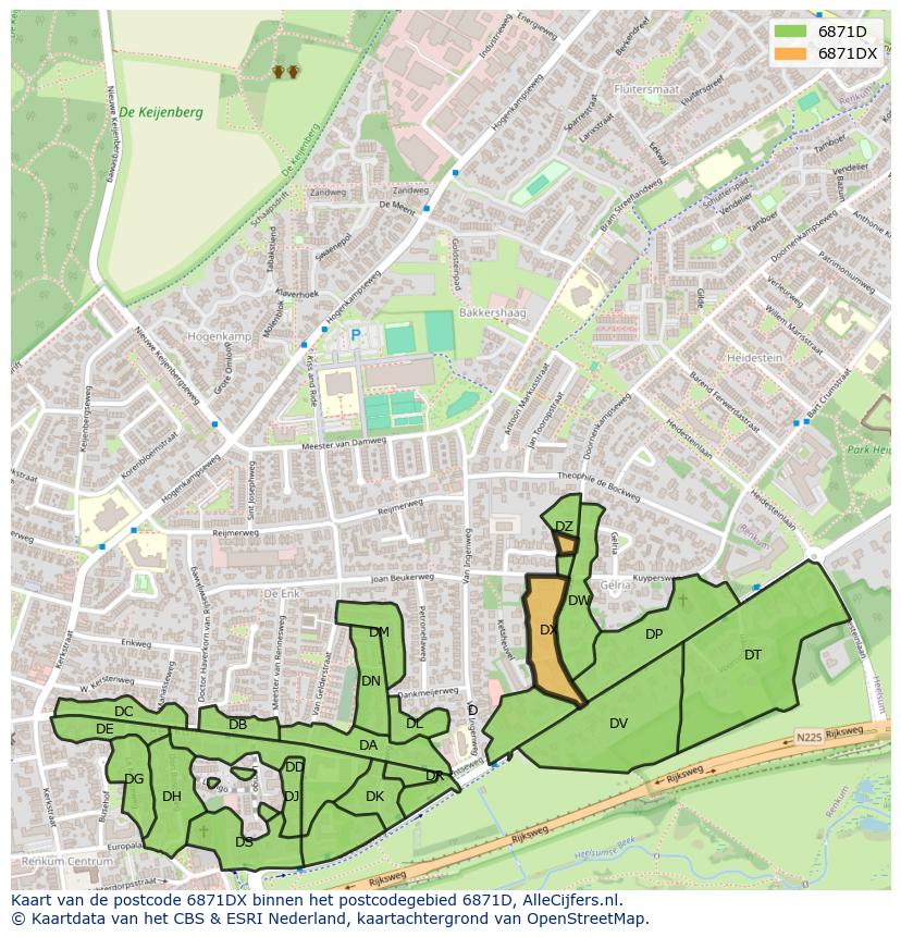 Afbeelding van het postcodegebied 6871 DX op de kaart.