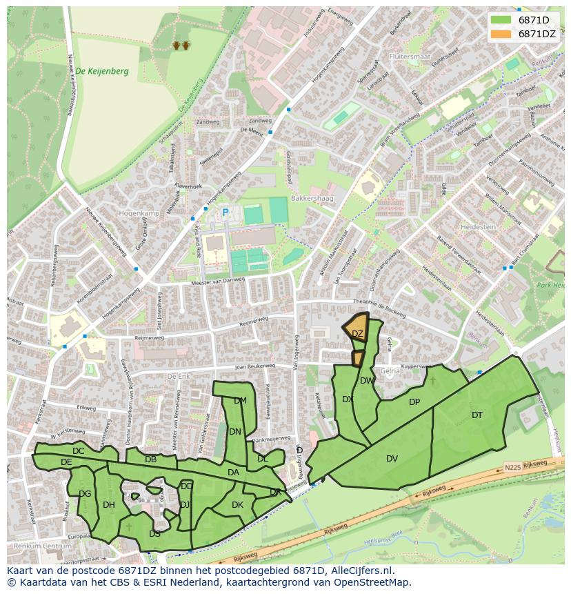 Afbeelding van het postcodegebied 6871 DZ op de kaart.