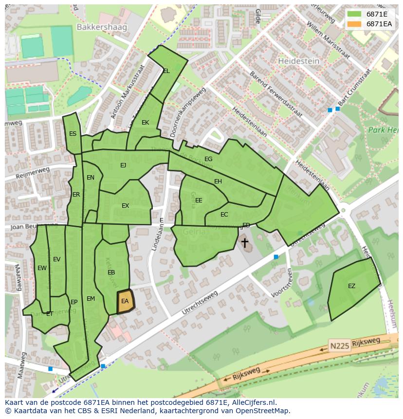 Afbeelding van het postcodegebied 6871 EA op de kaart.