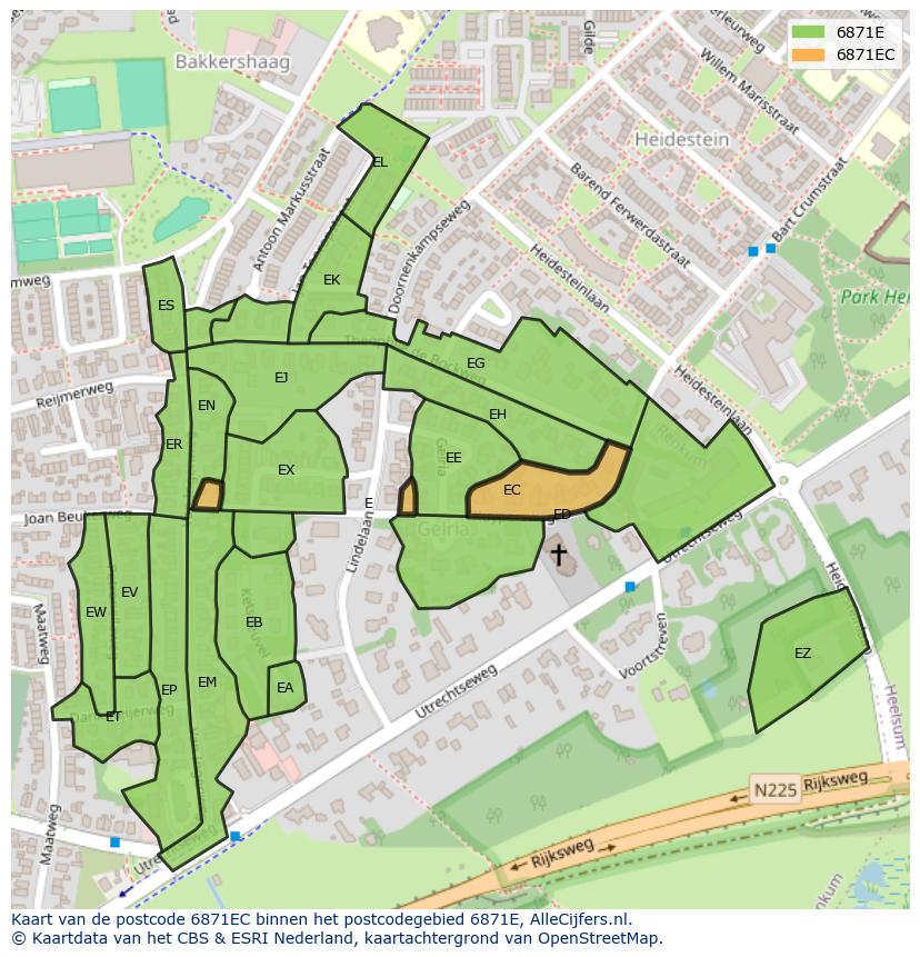 Afbeelding van het postcodegebied 6871 EC op de kaart.