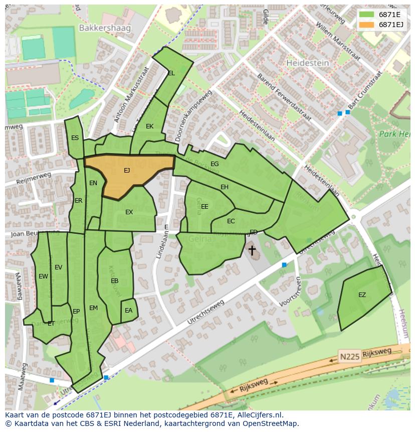 Afbeelding van het postcodegebied 6871 EJ op de kaart.