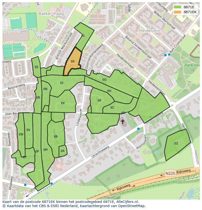Afbeelding van het postcodegebied 6871 EK op de kaart.