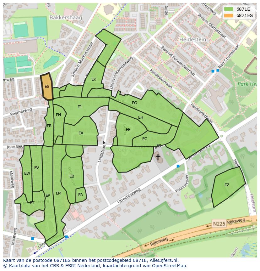 Afbeelding van het postcodegebied 6871 ES op de kaart.