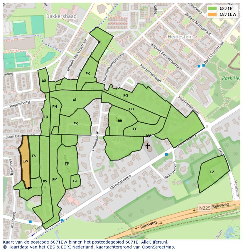 Afbeelding van het postcodegebied 6871 EW op de kaart.