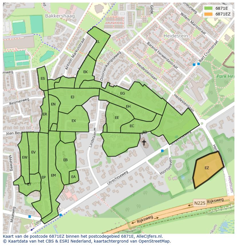 Afbeelding van het postcodegebied 6871 EZ op de kaart.