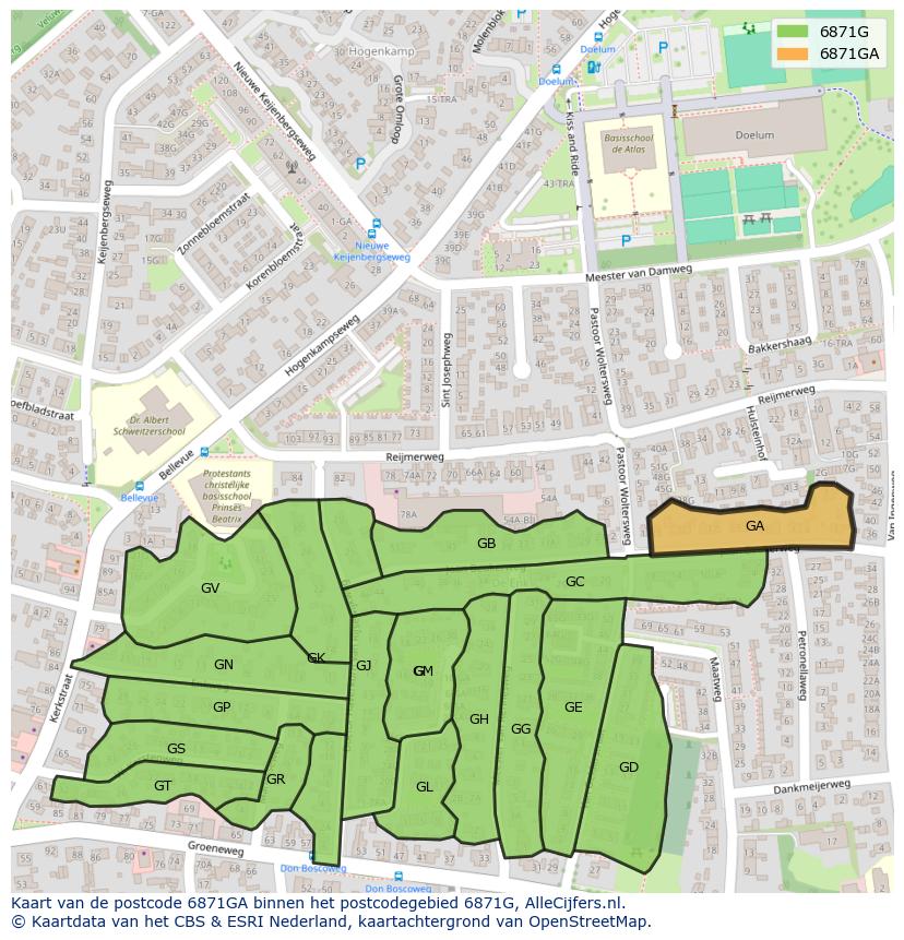 Afbeelding van het postcodegebied 6871 GA op de kaart.