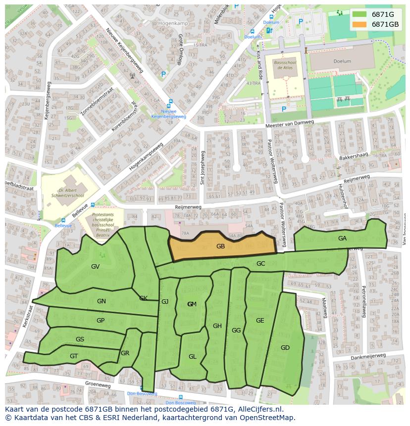 Afbeelding van het postcodegebied 6871 GB op de kaart.