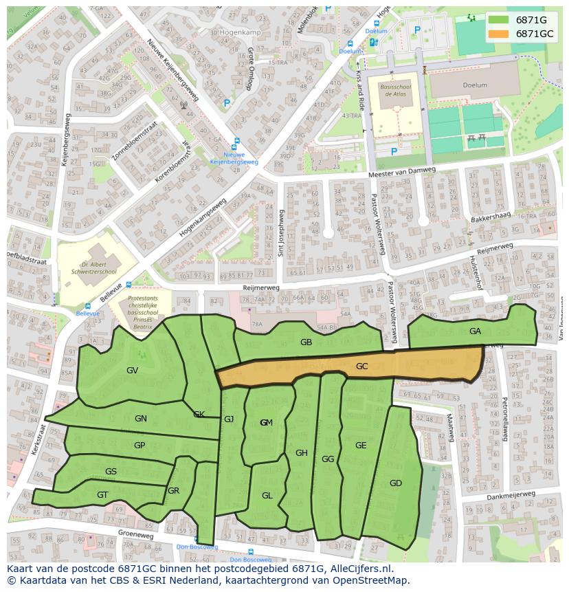 Afbeelding van het postcodegebied 6871 GC op de kaart.