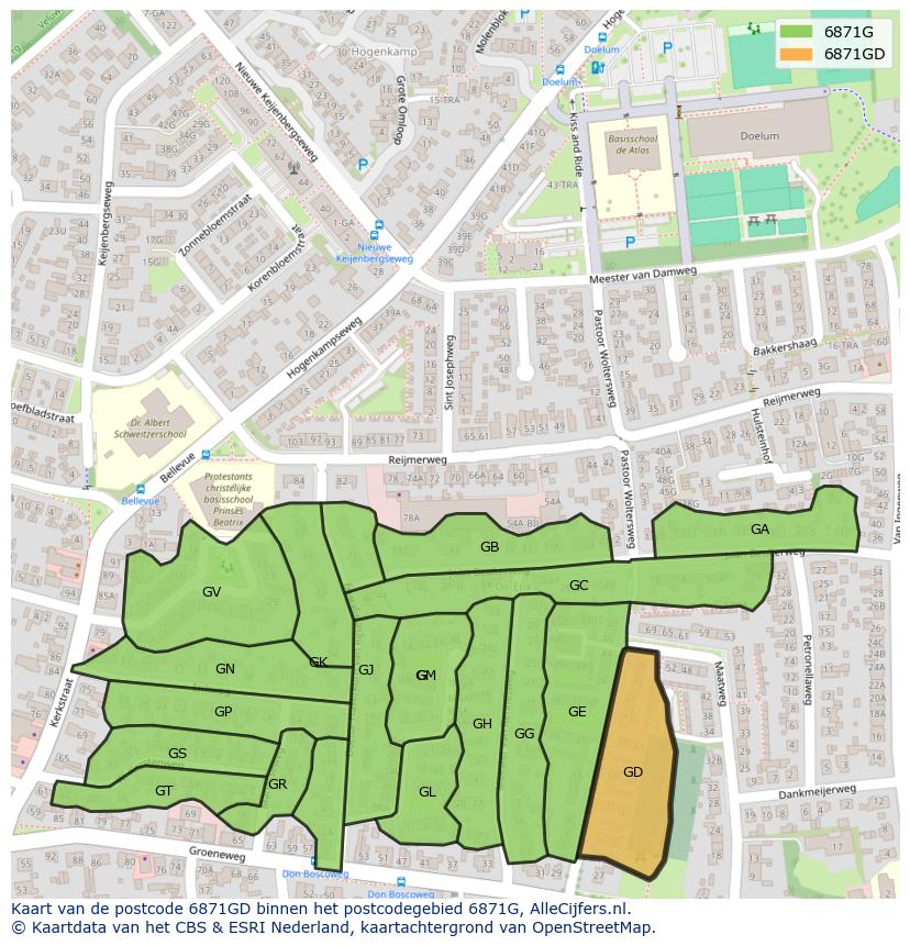 Afbeelding van het postcodegebied 6871 GD op de kaart.