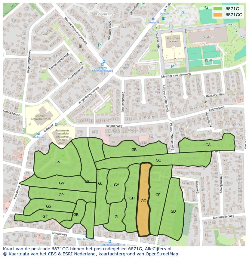 Afbeelding van het postcodegebied 6871 GG op de kaart.
