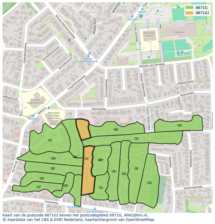 Afbeelding van het postcodegebied 6871 GJ op de kaart.