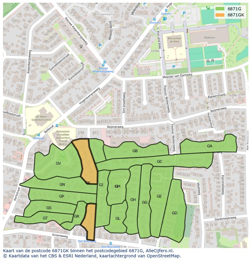 Afbeelding van het postcodegebied 6871 GK op de kaart.