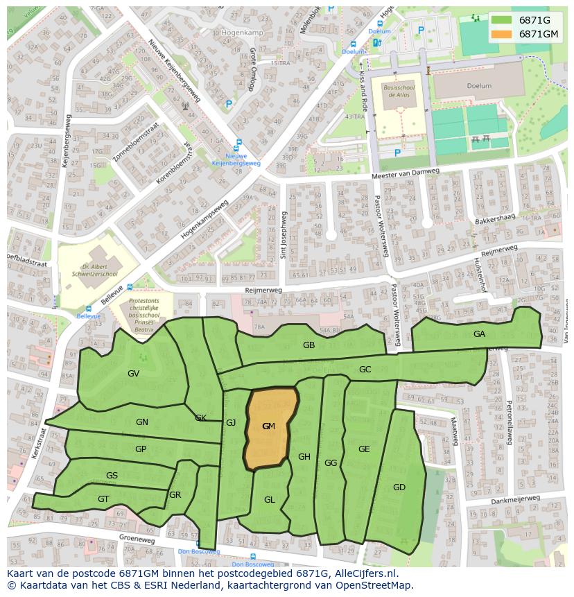 Afbeelding van het postcodegebied 6871 GM op de kaart.
