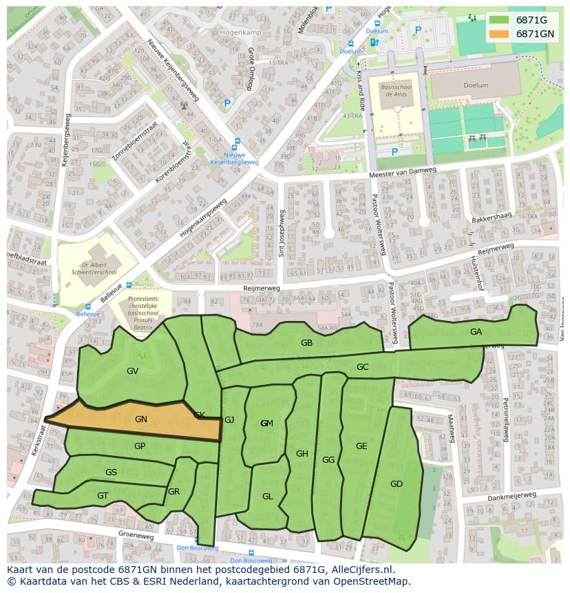 Afbeelding van het postcodegebied 6871 GN op de kaart.