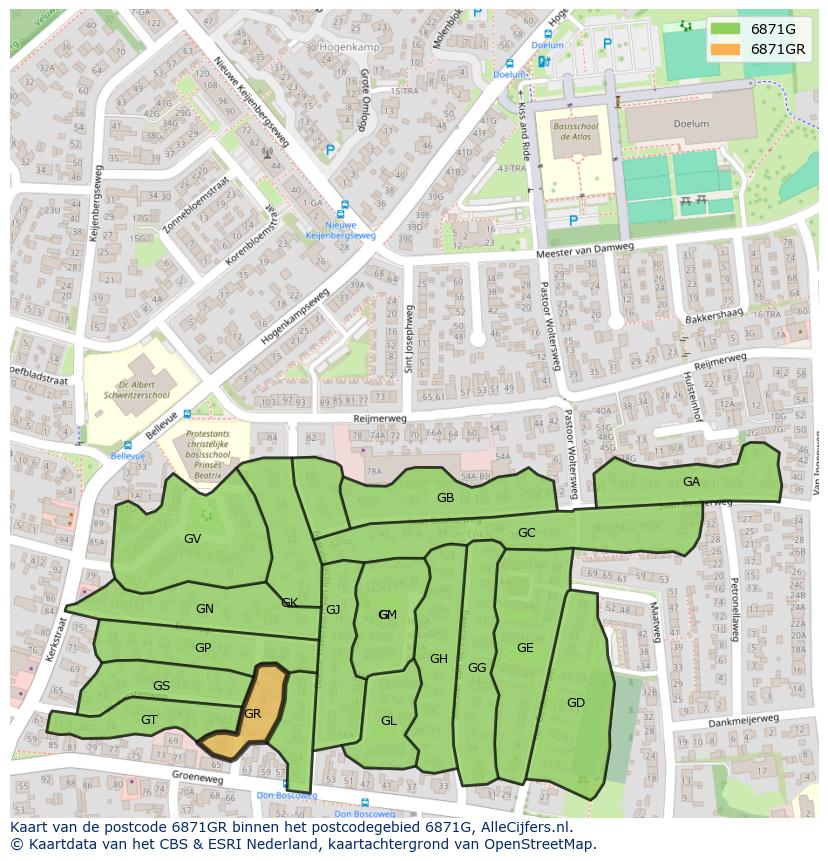 Afbeelding van het postcodegebied 6871 GR op de kaart.