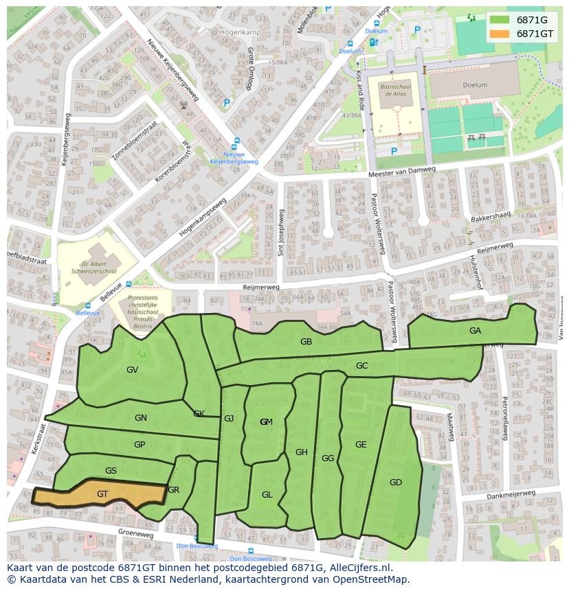 Afbeelding van het postcodegebied 6871 GT op de kaart.