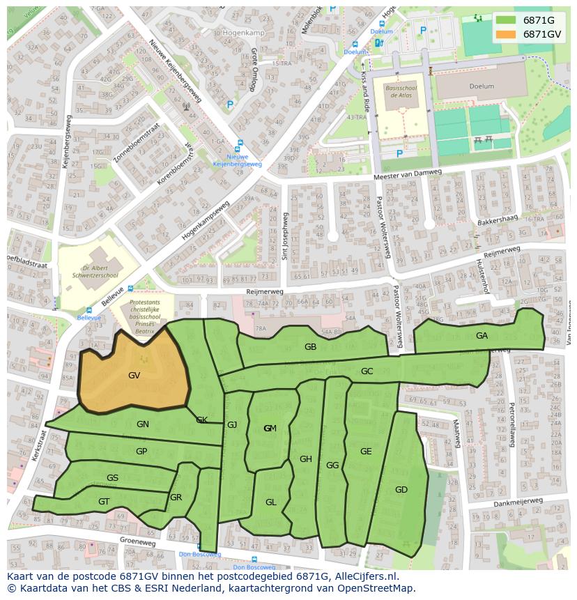 Afbeelding van het postcodegebied 6871 GV op de kaart.